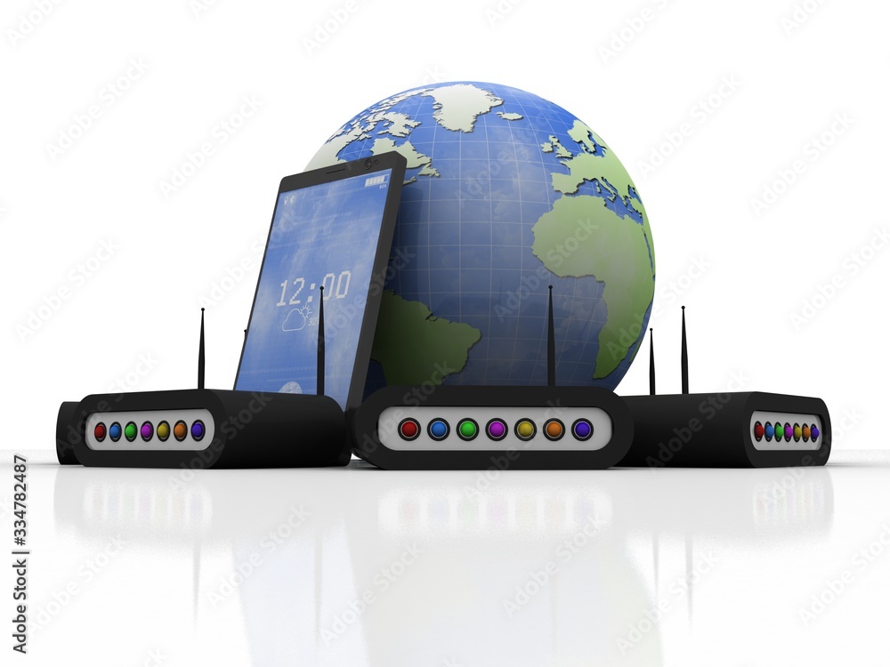 Poster 3d rendering transmitter mobile wifi around modem