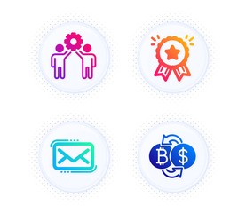 Loyalty award, Employees teamwork and Messenger mail icons simple set. Button with halftone dots. Bitcoin exchange sign. Bonus medal, Collaboration, New e-mail. Cryptocurrency change. Vector