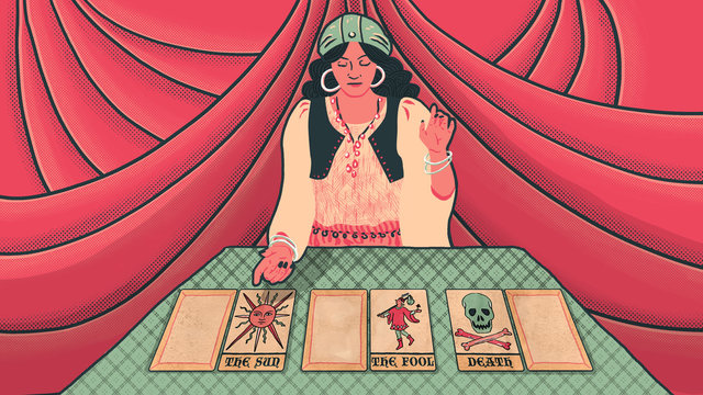 Woman reading tarot cards with red velvet background