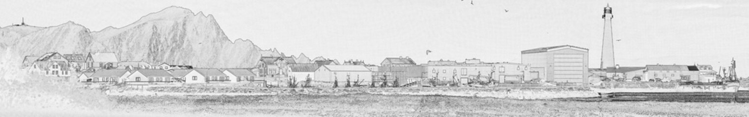 Extract line draft from photo, A panorama view of Andenes harbor. The light house is a very important landmark in this small town.  © Jikai Zhang