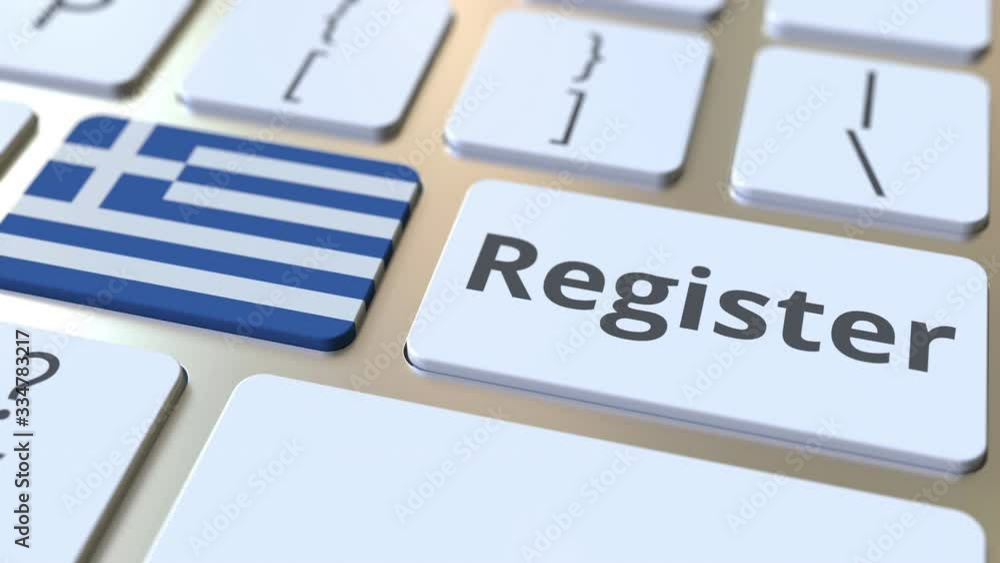 Poster register text and flag of greece on the keyboard. online services related 3d animation