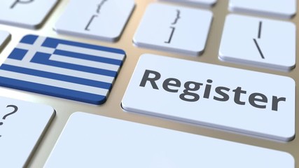 Register text and flag of Greece on the keyboard. Online services related 3D animation - Powered by Adobe