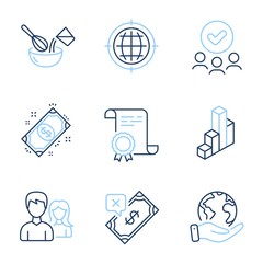 Seo internet, Cooking whisk and 3d chart line icons set. Diploma certificate, save planet, group of people. Rejected payment, Payment and Teamwork signs. Globe, Cutlery, Presentation column. Vector