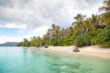 White sand beach and palm trees. Deserted beach. Caramoan Islands, Philippines.