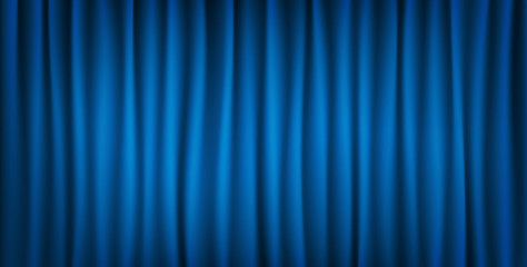 Realistic colorful blue velvet curtain folded. Vector Illustration.