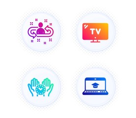 Tv, Recruitment and Safe time icons simple set. Button with halftone dots. Website education sign. Television, Manager change, Management. Video learning. Technology set. Gradient flat tv icon. Vector