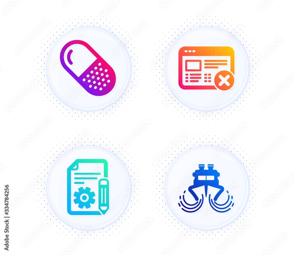 Poster reject web, documentation and capsule pill icons simple set. button with halftone dots. ship sign. n