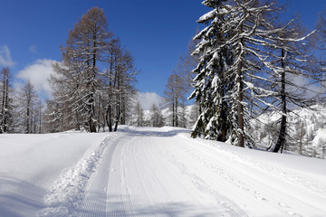 Beautiful alpine panoramic view snow capped mountains, European beautiful winter mountains in Alps, Slope for cross country skiers in landscape. 