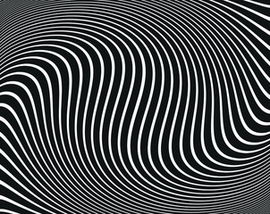  Line art optical art. Psychedelic background. Monochrome background. Optical illusion style. Black dark background. Modern pattern. Abstract graphic texture. Graphic ornament. Vector template