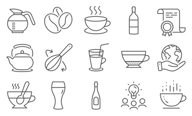 Set of Food and drink icons, such as Coffeepot, Tea cup. Diploma, ideas, save planet. Coffee cup, Cocktail, Cooking whisk. Wine bottle, Champagne, Teapot. Vector