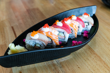 sashimi sushi set  on the wooden background,Japanese style.