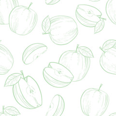 Hand drawn seamless pattern with apple fruit sliced in half with seed and leaves