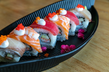 sashimi sushi set  on the wooden background,Japanese style.