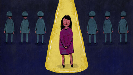 Woman in spotlight with medical symptoms being ignored by row of surgeon doctors