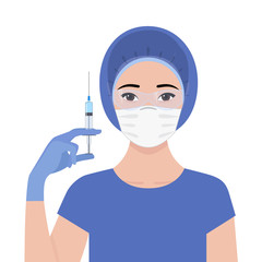 Asian female doctor in medical mask, glasses, cap and gloves holds syringe with vaccine in her hand. Concept of prevention of the spread of coronavirus (COVID-19). Vector flat illustration on white