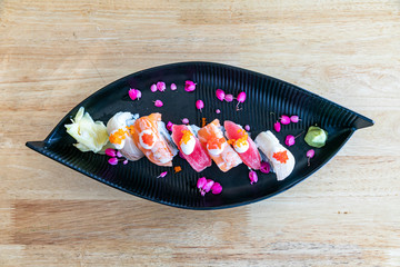 sashimi sushi set  on the wooden background,Japanese style.