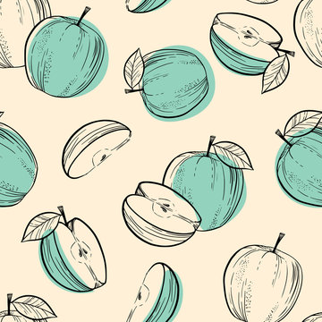 Retro green apple seamless pattern. Fresh organic healthy fruit background.