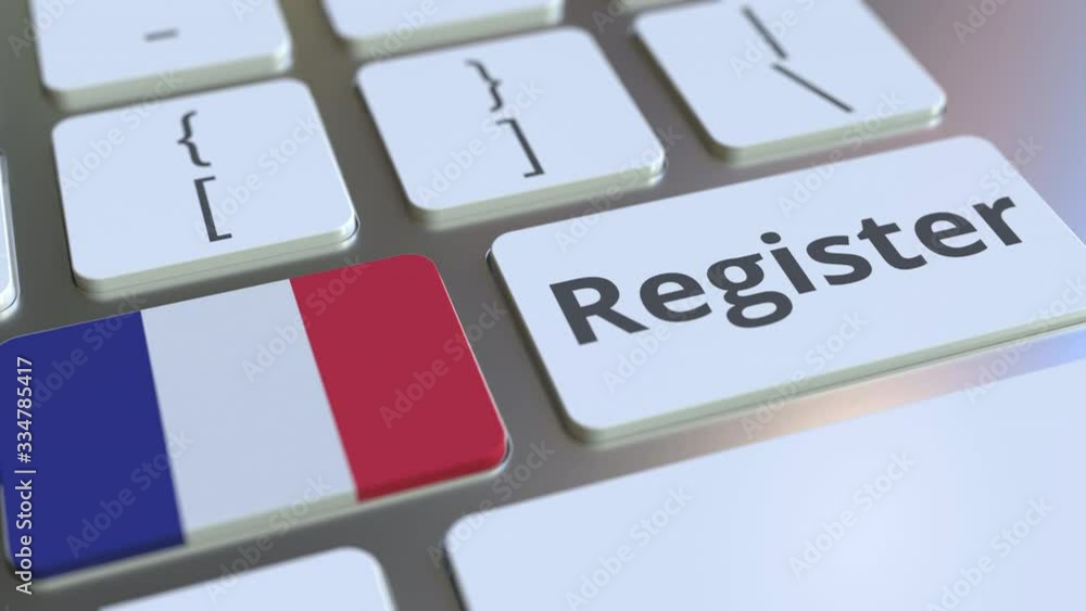 Poster register text and flag of france on the keyboard. online services related 3d animation