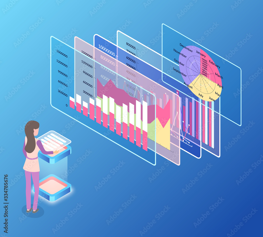 Poster woman dealing with information organization vector, person with info structural data on screens and 
