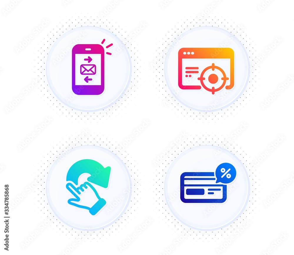 Poster rotation gesture, mail and seo targeting icons simple set. button with halftone dots. cashback sign.