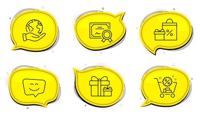 Shopping cart sign. Diploma certificate, save planet chat bubbles. Shopping, Smile face and Surprise package line icons set. Gifts and sales, Chat, Present boxes. Discount. Holidays set. Vector