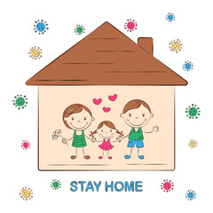 Stay home. Home quarantine to prevent coronavirus pandemic. Cute cartoon family, mom, dad, daughter. Healthcare concept, virus protection. Vector illustration