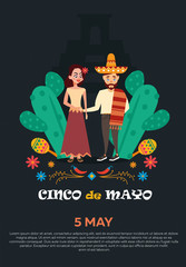 Cinco de Mayo on May 5th. Vector illustration with design for federal holiday in mexico. Banner with traditional Mexican symbols, skull, flowers, Mexican red pepper cacti, maracas, sombrero.