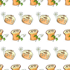 seamless background of colored Easter cupcakes and anemone flowers, isolated images on a colored background, doodles, for packaging design, design for Easte