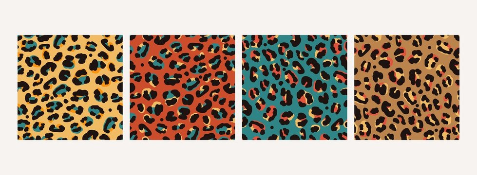 Set of various leopard windy prints in retro color. Hand-drawn seamless vector patterns.