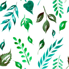 Seamless pattern of green watercolor leaves on a white background.