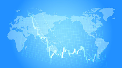 高騰急落する株価チャートとノートパソコン青色背景イメージ