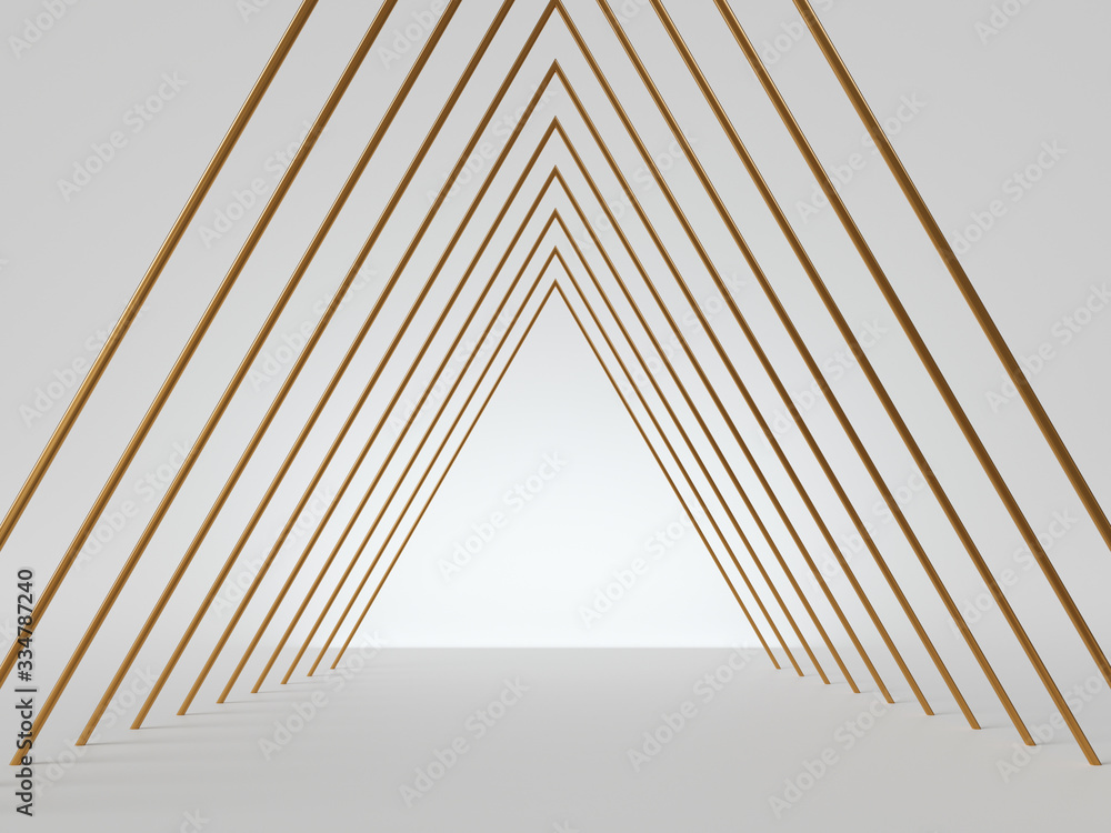 Poster 3d render, abstract minimal geometric background. isolated golden lines, triangular shape empty corr