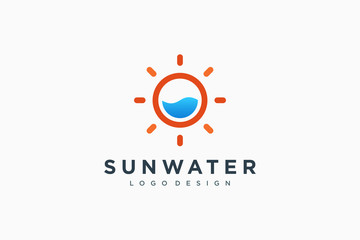 Sun and Water Logo. Vintage Circle Line Sun with Rays and Blue Sea Water Drop inside. Usable for Business and Nature Logos. Flat Vector Logo Design Template Element.
