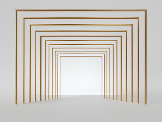 Naklejka premium 3d render, abstract minimal art deco geometric background. Isolated golden lines, empty corridor perspective view. Blank square frame with copy space