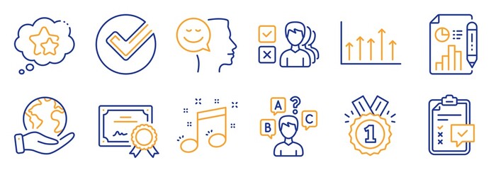 Set of Education icons, such as Quiz test, Verify. Certificate, save planet. Ranking stars, Good mood, Growth chart. Approved, Opinion, Musical note. Checklist, Report document line icons. Vector