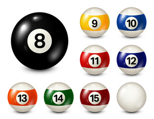 Billiard, pool balls with numbers collection. Realistic glossy snooker ball. White background. Vector illustration.