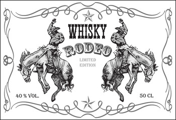 vector image of vintage label with a cowboy riding a wild horse for whiskey in art style
