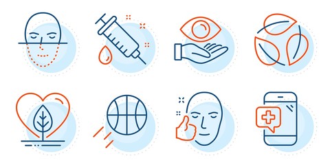 Medical phone, Health eye and Leaves signs. Local grown, Basketball and Face recognition line icons set. Healthy face, Medical syringe symbols. Organic tested, Sport ball. Healthcare set. Vector