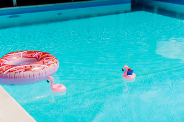a large pink rubber ring and two small inflatable flamingos in a pool with bright green water