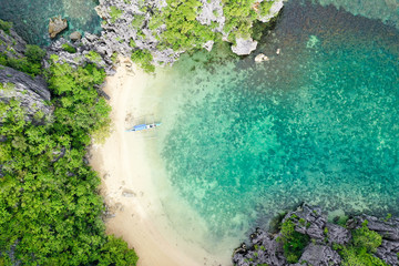 Small lagoon with sandy beach, view from above. Caramoan Islands, Philippines. Summer and travel vacation concept.