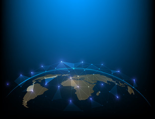 World map Global social networkw and blue geometric background