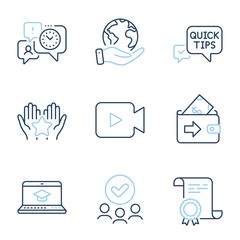 Website education, Quick tips and Video camera line icons set. Diploma certificate, save planet, group of people. Ranking, Time management and Wallet signs. Vector