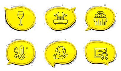 Wifi sign. Diploma certificate, save planet chat bubbles. Thermometer, Employees group and Wine glass line icons set. Grow plant, Collaboration, Bordeaux glass. Internet router. Business set. Vector