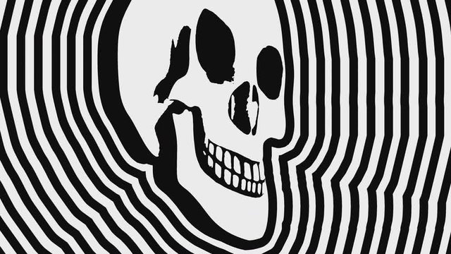 Seamless animation psychedelic skull printed drawn style cartoon. Hypnotic halloween background with marker stroke effect  in black and white.