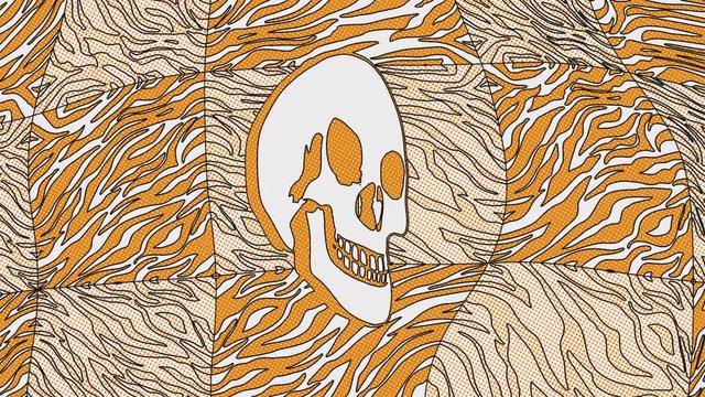 Seamless animation psychedelic skull printed drawn style cartoon. Hypnotic halloween background with marker stroke effect on an orange zebra pattern backdrop.