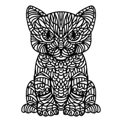Kitten portrait stylized. Hand drawn, line art black and white doodle illustration design for coloring book page