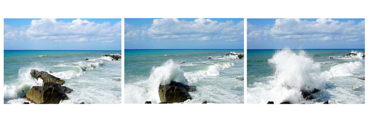 Calabria, Italy sea waves dynamic collage of three colour photographs.