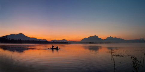 morning, light, boat, silhouette, island,dam