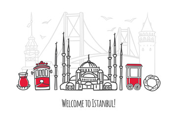 Fototapeta na wymiar Vector illustration Welcome to Istanbul. Travel to Turkey concept. Travel design in modern line style. Famous Turkish landmarks for tourist card, poster, print design. 