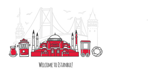 Vector illustration Welcome to Istanbul. Travel to Turkey concept. Travel design in modern line style. Famous Turkish landmarks for tourist card, poster, print design. 